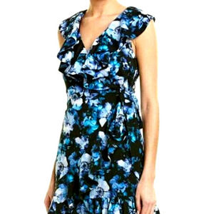 Tahari ASL Cap Sleeve Printed Crepe Ruffle Hem Dress in Blue Floral Size 4